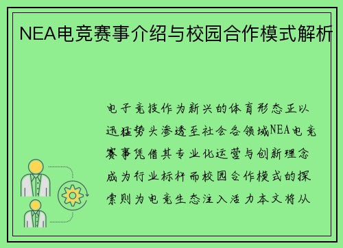 NEA电竞赛事介绍与校园合作模式解析